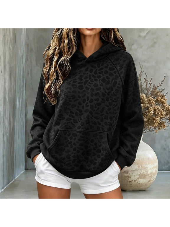 Leopard Print Hoodies for Women Trendy Oversized Sweatshirt Long Sleeve Cheetah Print Top Hooded Pullover Streetwear Black XL