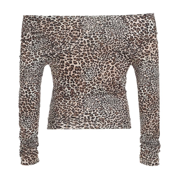FASHOFT Leopard Print Tops for Women Floral Off Shoulder Long Sleeve Tops 2026 Spring Slim Fit Trendy Going Out Shirts Blouses Coffee L