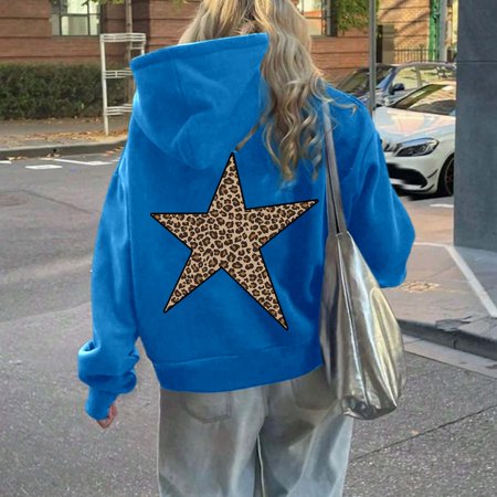 FASHOFT Leopard Star Graphic Hoodies for Women Y2K Oversized Sweatshirt Long Sleeve Unisex Pullover Tops Blue L