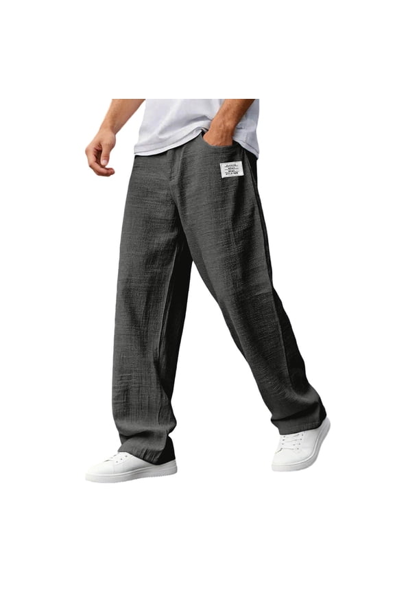 Linen Casual Pants For Men Thin Breathable Trousers Retro Loose Straight Leg Pant For Spring Autumn Daily Bottoms Black