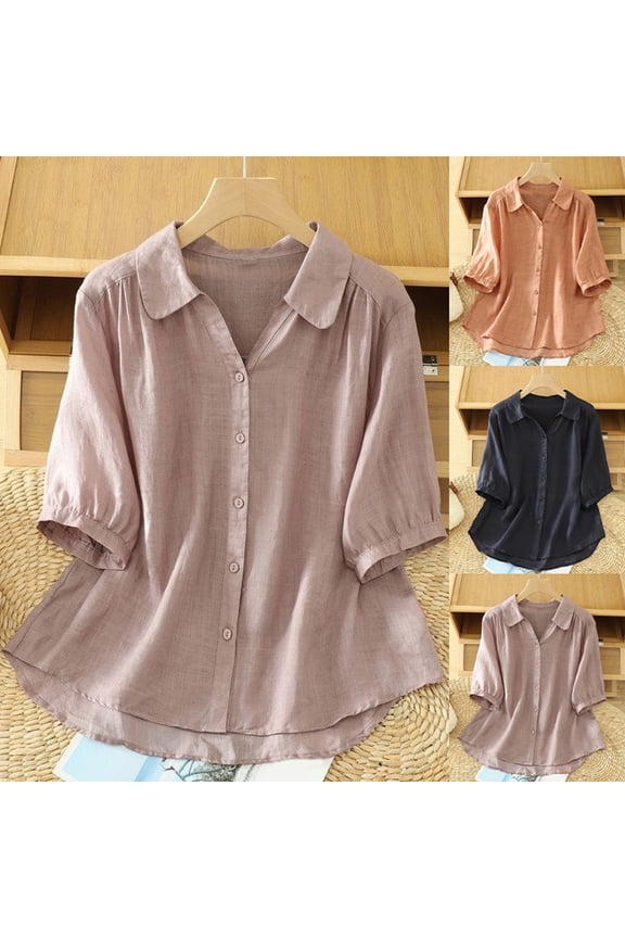 Linen Shirts For Women Fashion Lapel Short Sleeve Flax Blouse Light Thin Comfortable Texture Stylish Daily Summer Casual Top Summer Blouse Navy L