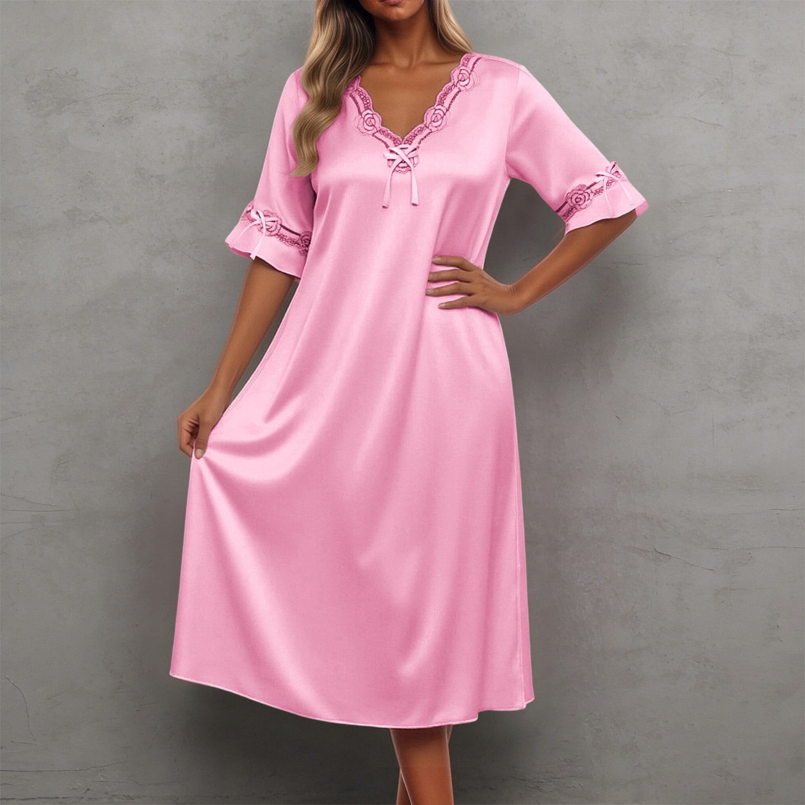 pink lace night dress Pink Satin Lace Trim Night Dress