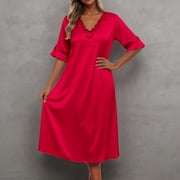 FASHOFT Long Nightgowns for Women Silk Satin Soft Ruffle Sleeve Night Gown Victorian Sleep Dress Lace Soft Night Dress Ladies Sleepwear Red L