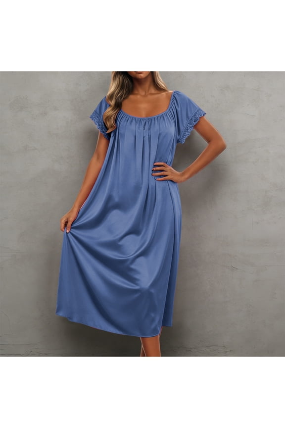 Long Silk Nightgown for Women Ruffle Sleeve Night Gown Victorian Full Length House Dress Satin Soft Solid Night Dress Ladies Sleepwear Blue