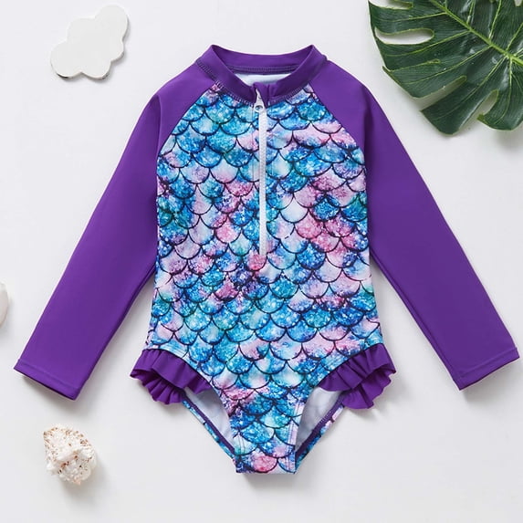 FASHOFT Long Sleeve One Piece Ruffle Swimsuit for Girls Rashguard Shirt with UPF 50+ Sun Protection Zip up Bathing Suit Purple 3-4 Years