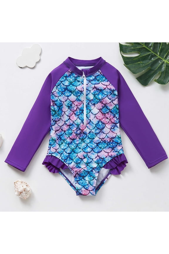 Long Sleeve One Piece Ruffle Swimsuit for Girls Rashguard Shirt with UPF 50+ Sun Protection Zip up Bathing Suit Purple 4-5 Years