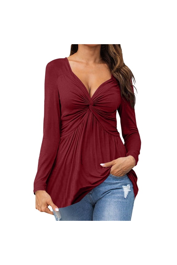 Long Sleeve Shirts For Women V Neck Casual Tee Solid Loose Side Split Blouse Tunic Tops Casual Basic Soft Blouses Red XXL