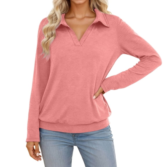 FASHOFT Long Sleeve Shirts For Women V Neck Fall Knit Collar Solid Fashion Casual Loose Fit Comfy Soft Basic Casual Tops Soft Basic Blouses RD2 L