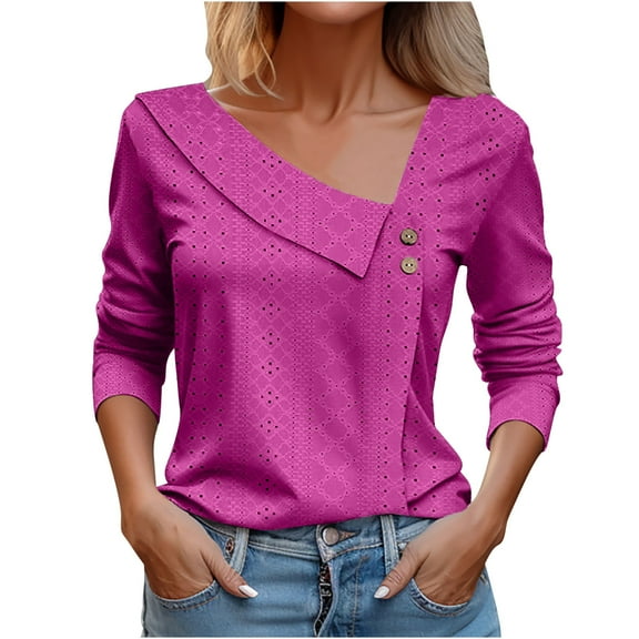 FASHOFT Long Sleeve Shirts For Women V Neck Solid Color Button Loose Woman Tops Casual Soft Basic Blouses Hot Pink L