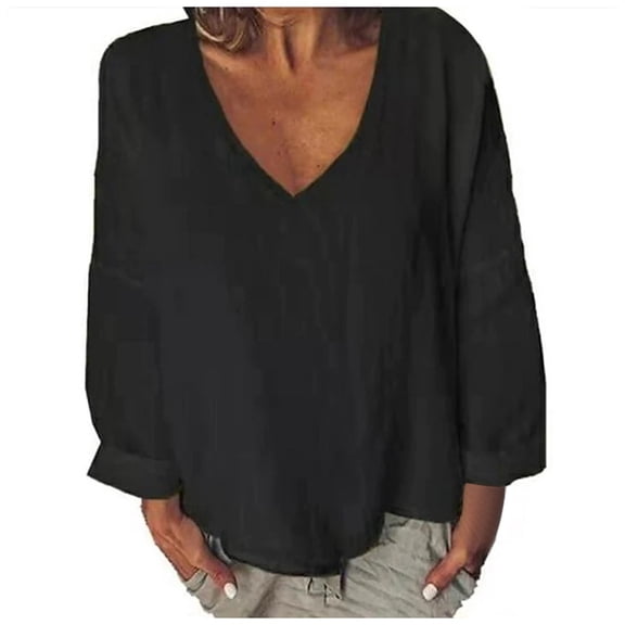 FASHOFT Long Sleeve Shirts For Women V Neck Summer Linen Cute Ruffles Hide Belly Tunic Loose Fit Round Blouses Casual Tops Soft Basic Blouses Black L