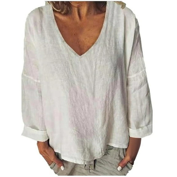 FASHOFT Long Sleeve Shirts For Women V Neck Summer Linen Cute Ruffles Hide Belly Tunic Loose Fit Round Blouses Casual Tops Soft Basic Blouses White L