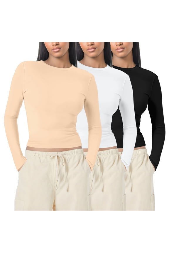 Long Sleeve Shirts for Women 3 Packs Crew Neck Stretchy Fitted Tops Basic Layer Soft Thermal Undershirts Tee Beige L