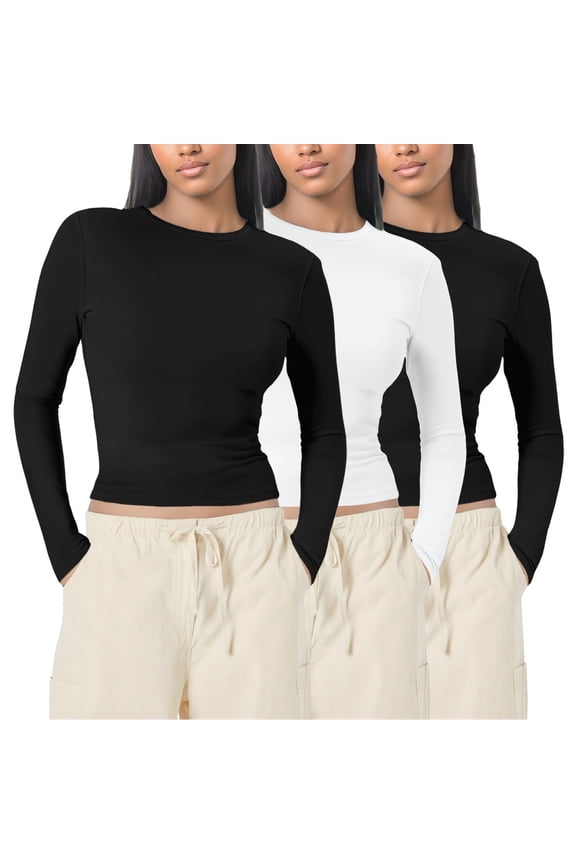 Long Sleeve Shirts for Women 3 Packs Crew Neck Stretchy Fitted Tops Basic Layer Soft Thermal Undershirts Tee Black S