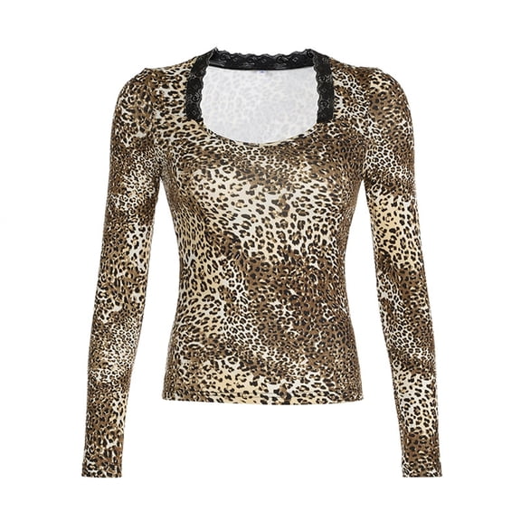 FASHOFT Long Sleeve Shirts for Women Leopard Print Casual Square Neck Spring Tops Dressy Summer Work Blouses Top Bronze L