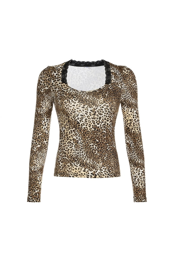 Long Sleeve Shirts for Women Leopard Print Casual Square Neck Spring Tops Dressy Summer Work Blouses Top Bronze M
