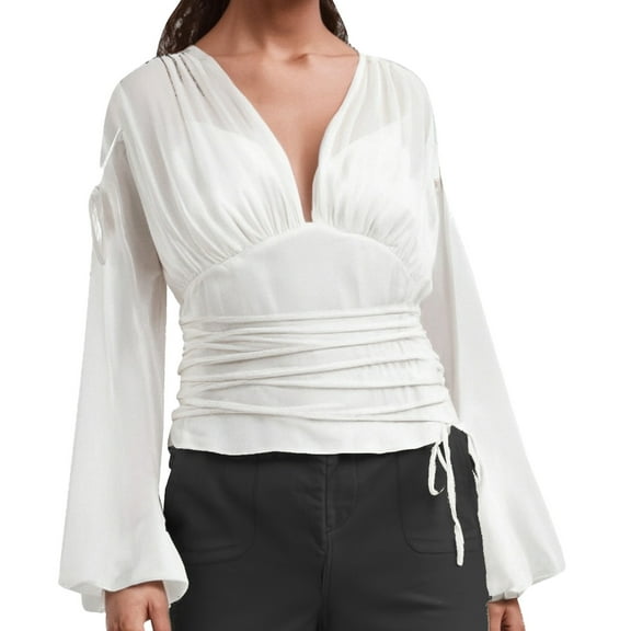 FASHOFT Long Sleeve Shirts for Women V Neck Relaxed Fit Stretchy Basic T Shirts Solid Tops White L