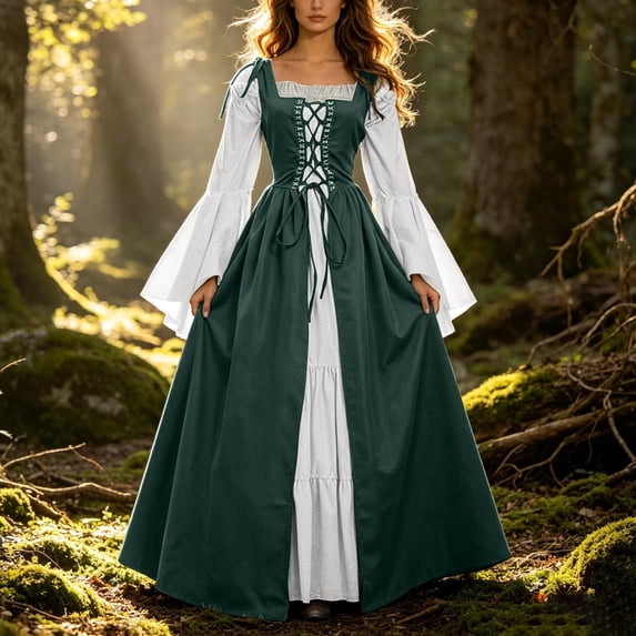 FASHOFT Court Halloween For Women Square Neck Lace Corset Dress Retro Gothic Cosplay Outfit For Masquerade Stage Dress Up Party Halloween Dresses M