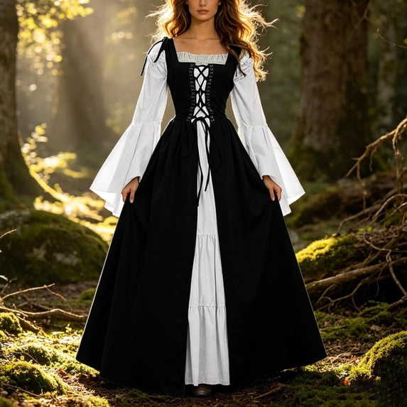 FASHOFT Court Halloween For Women Square Neck Lace Corset Dress Retro Gothic Cosplay Outfit For Masquerade Stage Dress Up Party Halloween Dresses L