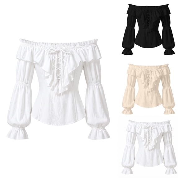 FASHOFT Medieval Peasant Blouses for Women Lace Up Tie Front 3/4 Trumpet Sleeve Off the Shoulder Tops Beige XL