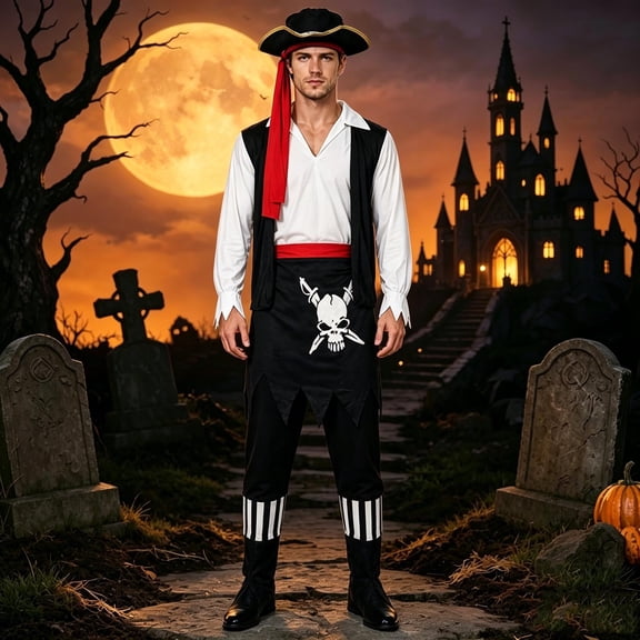 FASHOFT Men's Caribbean Pirate Halloween Costumes Buccaneer Cosplay Outfit Set Theme Party Stage Performance Fancy Dress Up Halloween Costume M