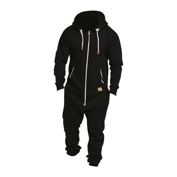 FASHOFT Men's Fleece Jumpsuit One Piece Hooded Sweatshirt Onesie Zip Up Lounge Jogger Sweatsuit Overall Romper Tracksuit Black XL