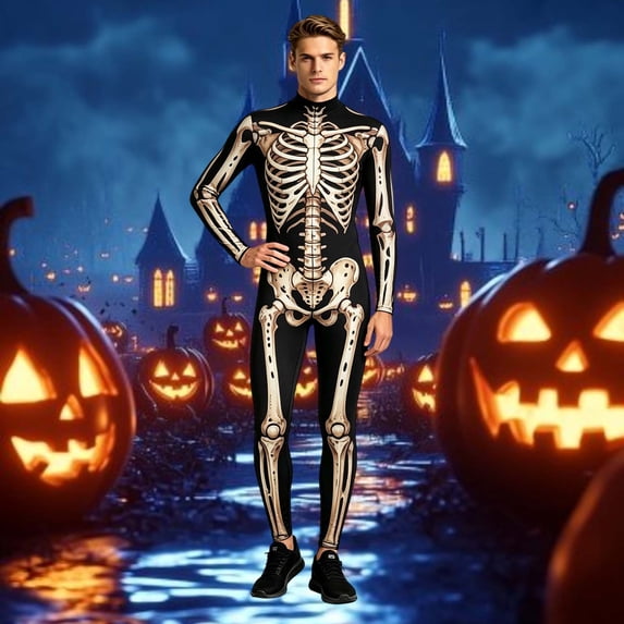 FASHOFT Men's Skeleton Pattern Halloween Costumes Cosplay Outfit Bone Print Holiday Party Stage Performance Dress Up Halloween Costume L