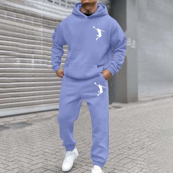 FASHOFT Men's Swaetsuit Graphic Hoodies and Joggers Track Suit Casual Basketball Print Comfortable Fall Winter Sweat Suit Light Blue XL