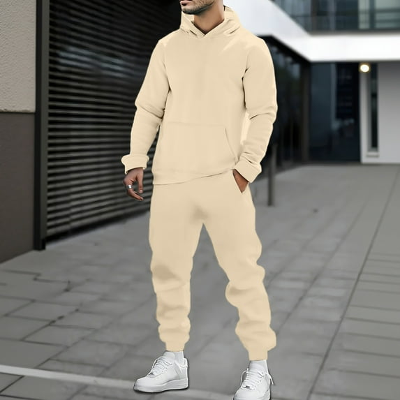 FASHOFT Men's Tracksuit 2 Piece Hoodie Sweatsuit Sets Casual Jogging Athletic Suits Beige L