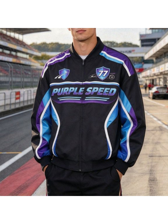 Men's Varsity Racing Jacket Color Block Race Car Bomber Long Sleeve Lightweight Trendy Streetwear Race Car Driver Costume S