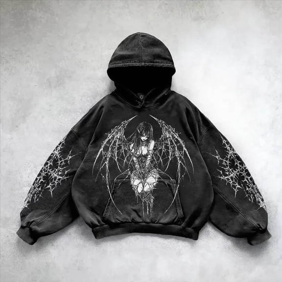 FASHOFT Men's Y2k Gothic Graphic Hoodie Sweatshirt Drop Shoulder Streetwear Pullover Tops Black L