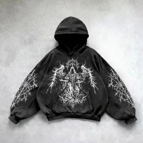 FASHOFT Men's Y2k Gothic Graphic Hoodie Sweatshirt Drop Shoulder Streetwear Pullover Tops Black XXXL
