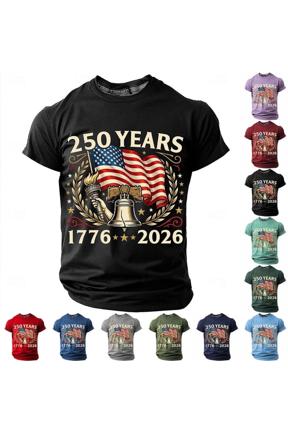 Mens 250th Anniversary USA Shirt for Men American Flag T-Shirt 4th of July Shirt 250 Years Birthday Patriotic Tops Army Green XXL