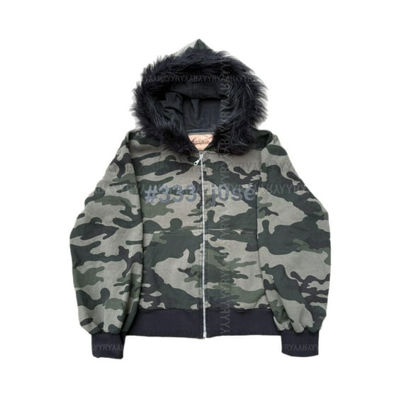 FASHOFT Mens Camo Hoodie Zip Up Faux Fur Trim Hoodies for Men Y2k Long Sleeve Sweatshirt Jacket with Fur Hood Vintage Outfit Camouflage L