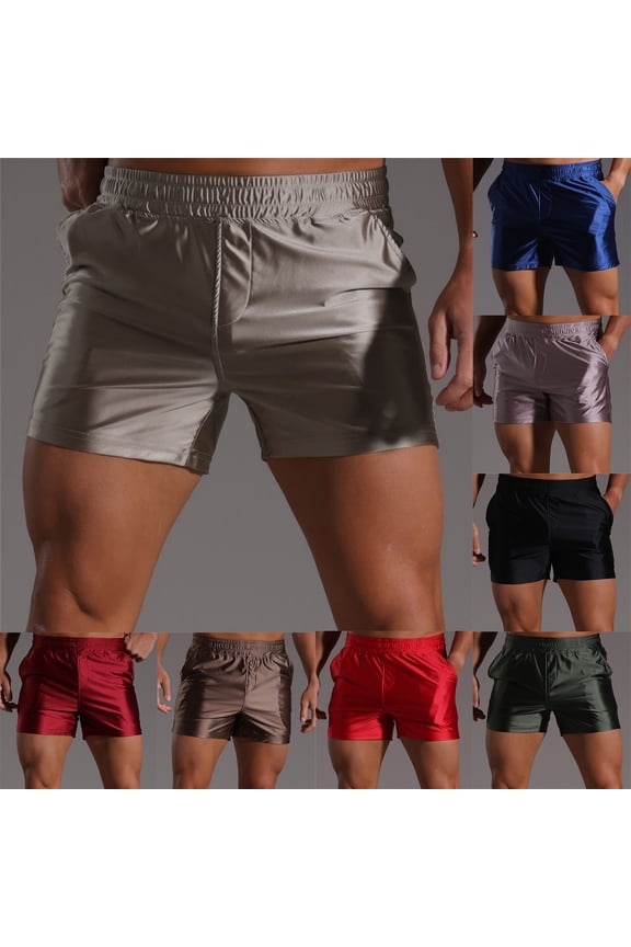 Mens Casual Shorts Ice Silk Satin Silky Fabric Loose Lounge Elastic Drawstring Sleep Beach Shorts Blue M