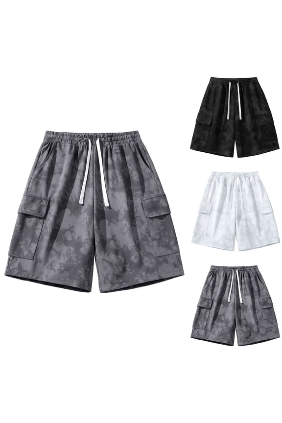 Mens Casual Shorts Summer Heavy Weight Striped Fabric Tie Dye Loose Elastic Waist Workout Shorts Black M