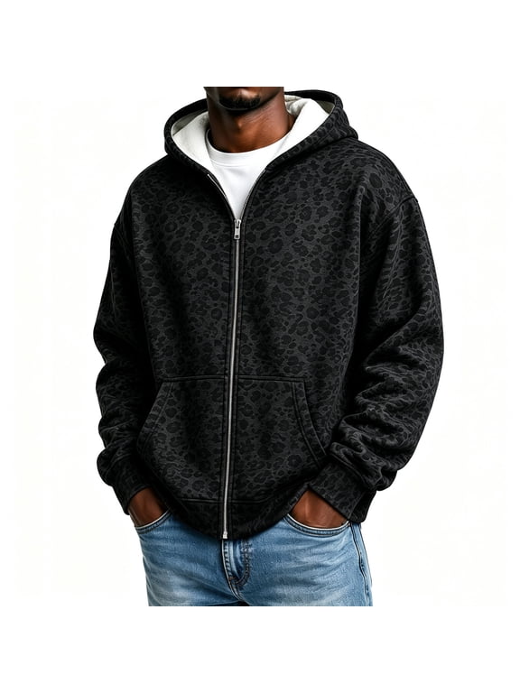 Mens Cheetah Print Hoodie Leopard Print Zip Up Sweatshirt Hooded Jacket Long Sleeve Casual Streetwear Fall Outfits Outerwear Black M