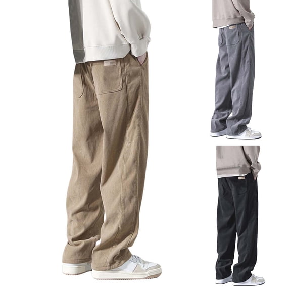 FASHOFT Mens Corduroy Pants with Drawstring Elastic Waist Wide Leg Casual Pants Straight Baggy Sweatpants with Pockets Black M