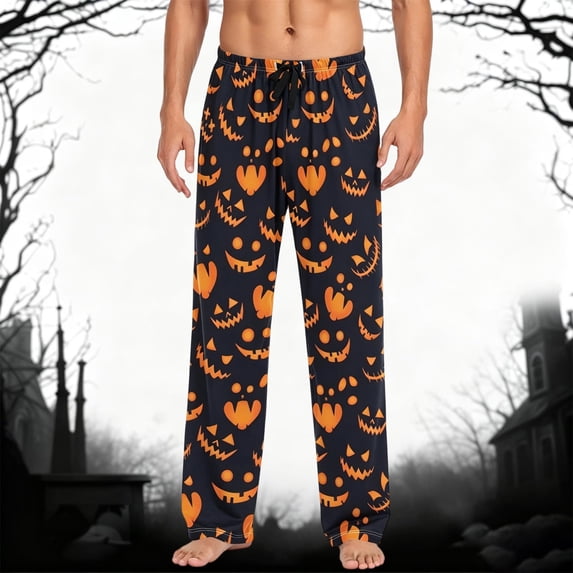 FASHOFT Mens Halloween Pajama Pants Soft Pumpkin Print Pj Bottoms with Pockets Drawstring Straight Leg Sleep Lounge Pant for Men Black L