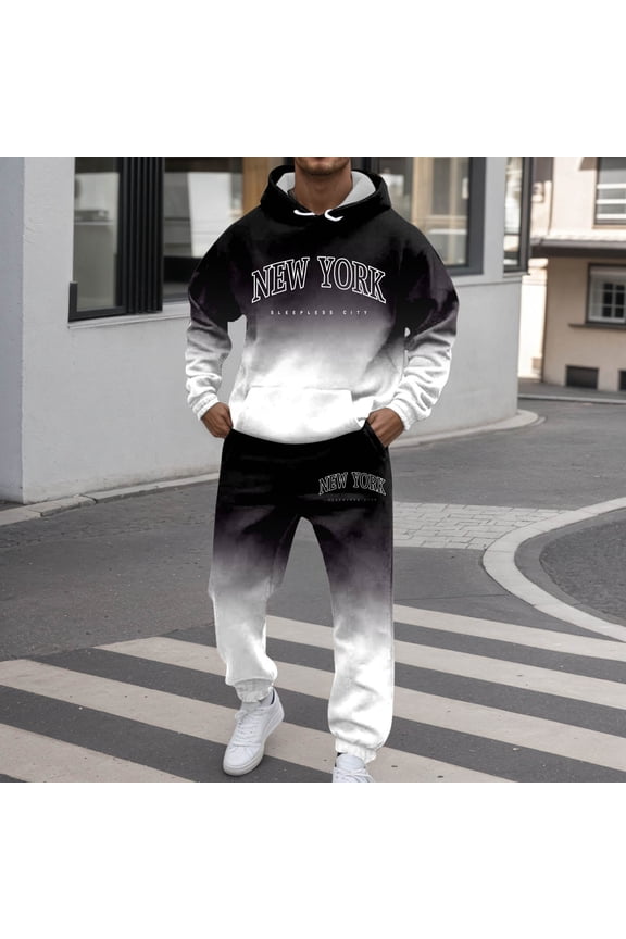 Mens Sweat Suit Gradient Color New York Letter Print Hoodie and Sweatpant 2 Piece Sweatsuit Running Gym Workout Track Suits Black M