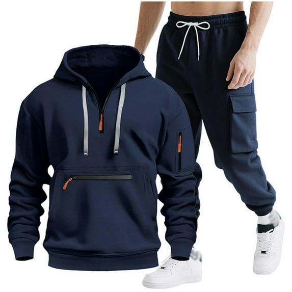 FASHOFT Mens Sweatsuit 2 Piece Set Tracksuit Hoodies and Cargo Sweapant Set with Pockets Jogging Suits for Men Sweat Suit Navy M