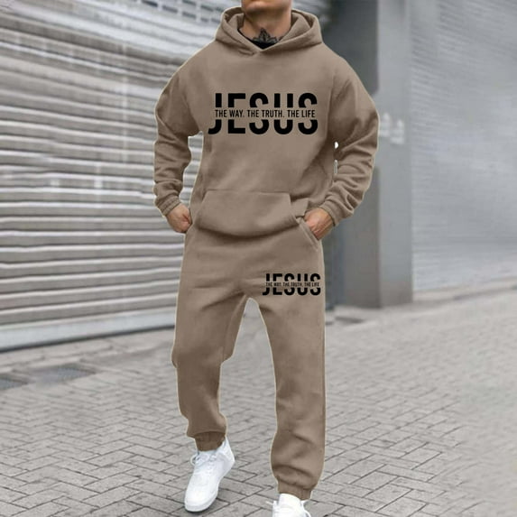 FASHOFT Mens Sweatsuit 2 Piece Tracksuit Christian Hoodie and Sweatpant Sets Jogging Athletic Casual Sweat Suit Khaki L