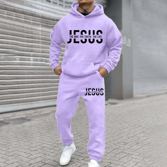 FASHOFT Mens Sweatsuit 2 Piece Tracksuit Christian Hoodie and Sweatpant Sets Jogging Athletic Casual Sweat Suit Light Purple XL