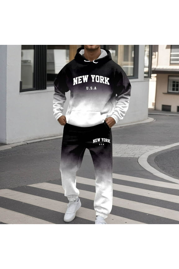 Mens Sweatuits New York Letter Print Gradient Casual Sweat Suit 2 Piece Outfits Set Activewear Hoodies Sweatpants Track Suits Black L