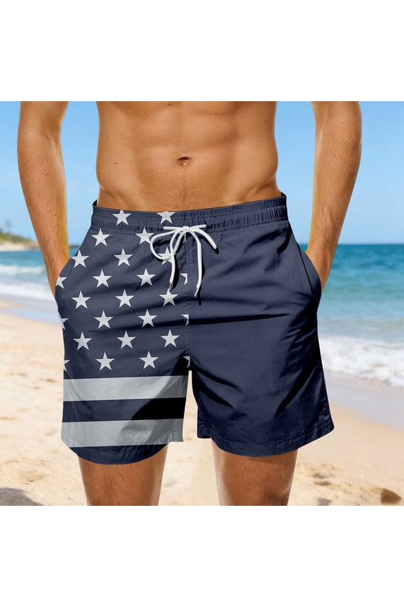 Mens Swim Trunks 4th of July American flag Print Beach Board Shorts with Pockets Bathing Suits Navy M
