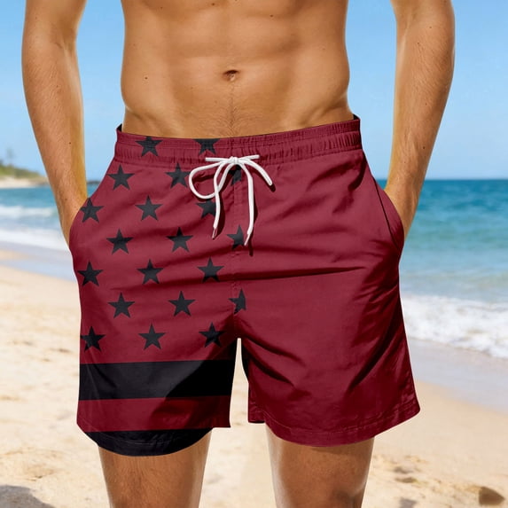 FASHOFT Mens Swim Trunks 4th of July American flag Print Beach Board Shorts with Pockets Bathing Suits Wine XXXL