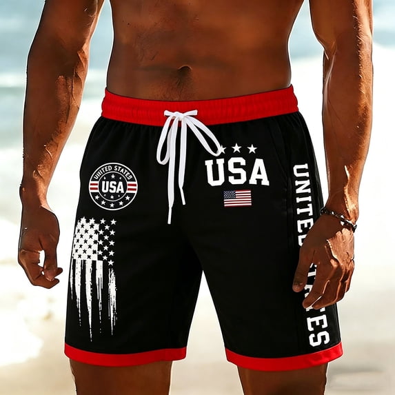 FASHOFT Mens Swim Trunks 4th of July Swimsuit American flag Print Beach Board Shorts with Pockets Bathing Suits Black M
