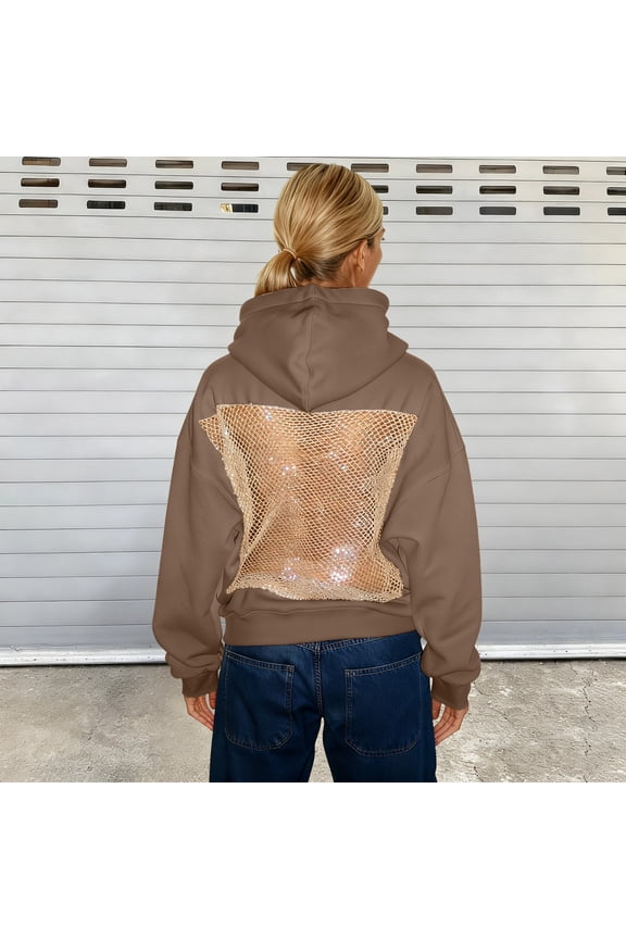 Mesh Back Hoodies for Women Grunge Hollow Y2K Sweatshirt Emo Long Sleeve Goth Hoodie Harajuku Oversize Pullover Tops Brown XXL