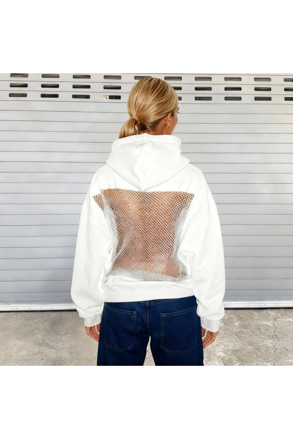 Mesh Back Hoodies for Women Grunge Hollow Y2K Sweatshirt Emo Long Sleeve Goth Hoodie Harajuku Oversize Pullover Tops White XS