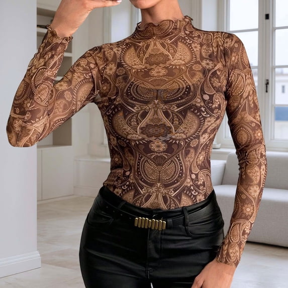 FASHOFT Mesh Long Sleeve Tops for Women Sheer Blouse See Through Tee Shirt Neck Going Out Lace Top Y2k Western Rodeo Outfits Coffee L