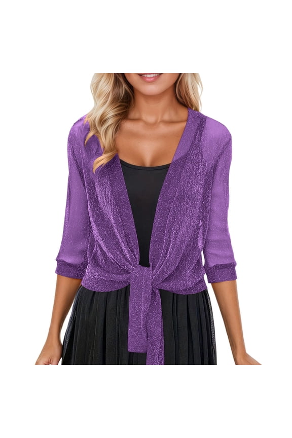Mesh Sheer Shrug For Women Thin Short Cardigan Silver Sparkle Cover Up Top For Party Daily Outerwear Tops Purple
